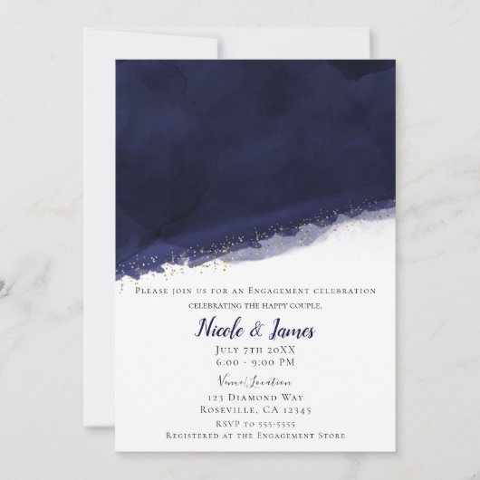 Blauw Waterverf & Goud Moderne Chic Trouwdag Kaart (Voorkant)