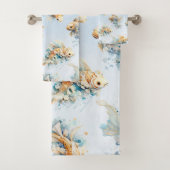 Blauw Waterverf Goud Wit Koi Vis Bloemen Bad Handdoek (Insitu)