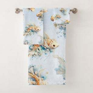 Blauw Waterverf Goud Wit Koi Vis Bloemen Bad Handdoek