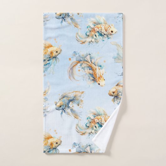 Blauw Waterverf Goud Wit Koi Vis Bloemen Bad Handdoek (Handdoek)