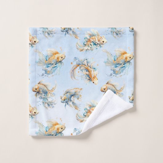 Blauw Waterverf Goud Wit Koi Vis Bloemen Bad Handdoek (Wasdoekje)