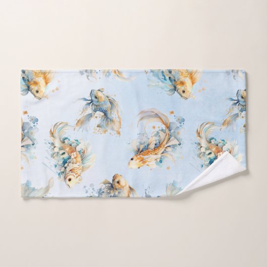 Blauw Waterverf Goud Wit Koi Vis Bloemen Bad Handdoek (Handdoek)