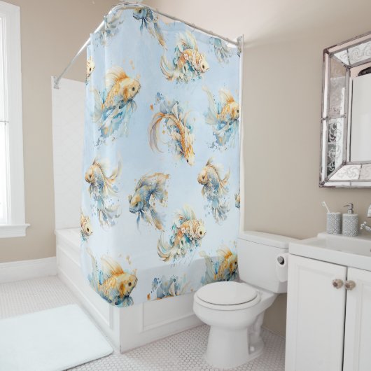 Blauw Waterverf Goud Wit Koi Vis Bloemen Douchegordijn (In situ)