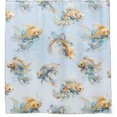 Blauw Waterverf Goud Wit Koi Vis Bloemen Douchegordijn (Voorkant)