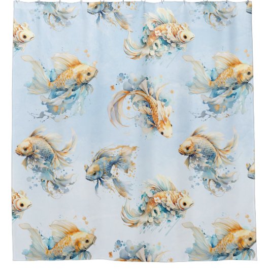 Blauw Waterverf Goud Wit Koi Vis Bloemen Douchegordijn (Voorkant)