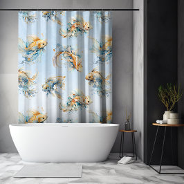 Blauw Waterverf Goud Wit Koi Vis Bloemen Douchegordijn