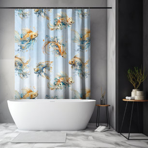Blauw Waterverf Goud Wit Koi Vis Bloemen Douchegordijn