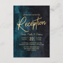 Blauw Waterverf & Gouden Trouwreceptie Kaart