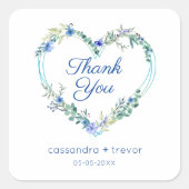 Blauw Waterverf Hart met Bloemen en Bladeren Vierkante Sticker (Voorkant)