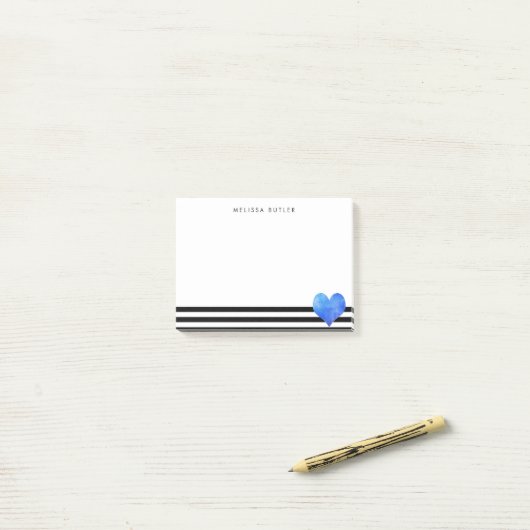 Blauw Waterverf hart op zwart-wit streep Post-it® Notes (Op bureau)