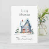 Blauw Waterverf Huis Kerst Kaart (Staand voorkant)