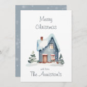 Blauw Waterverf Huis Kerst Kaart (Voorkant / Achterkant)