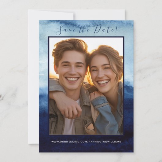 Blauw Waterverf Huwelijk Save the Date Modern (Voorkant)