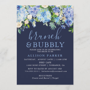 Blauw waterverf hydrangea brunch & bubbels kaart