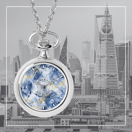 Blauw Waterverf Marmeren Hanger Ketting Horloge