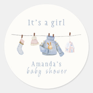 Blauw Waterverf Meisje Winterkleding Baby shower Ronde Sticker