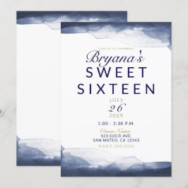 Blauw Waterverf Modern Chic Sweet 16 Feestje Kaart