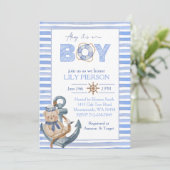 Blauw waterverf nautisch beer zeilboot baby shower kaart (Staand voorkant)