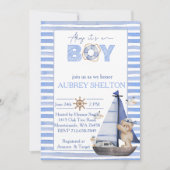 Blauw waterverf nautisch beer zeilboot baby shower kaart (Voorkant)