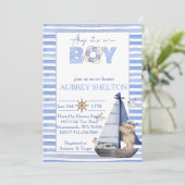 Blauw waterverf nautisch beer zeilboot baby shower kaart (Staand voorkant)