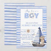 Blauw waterverf nautisch beer zeilboot baby shower kaart (Voorkant / Achterkant)