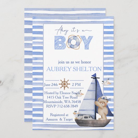 Blauw waterverf nautisch beer zeilboot baby shower kaart (Voorkant / Achterkant)