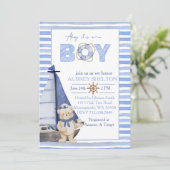 Blauw waterverf nautisch beer zeilboot baby shower kaart (Staand voorkant)