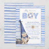 Blauw waterverf nautisch beer zeilboot baby shower kaart (Voorkant / Achterkant)