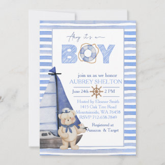 Blauw waterverf nautisch beer zeilboot baby shower kaart