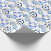 Blauw waterverf nautisch ontwerp met anker, schelp cadeaupapier (Hoek)