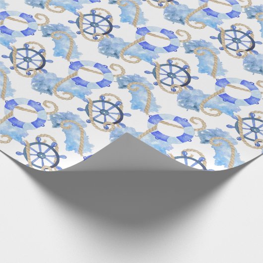 Blauw waterverf nautisch ontwerp met anker, schelp cadeaupapier (Hoek)
