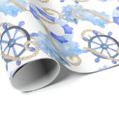 Blauw waterverf nautisch ontwerp met anker, schelp cadeaupapier (Rol Hoek)