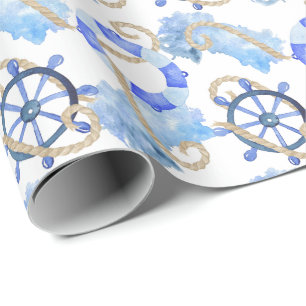 Blauw waterverf nautisch ontwerp met anker, schelp cadeaupapier
