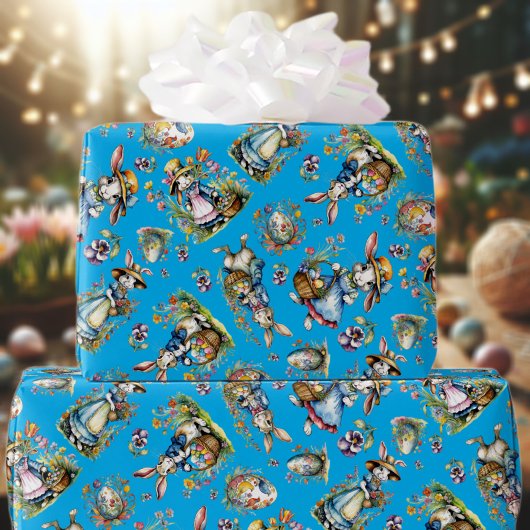 Blauw Waterverf Paashaas Eieren Bloemen Cadeaupapier