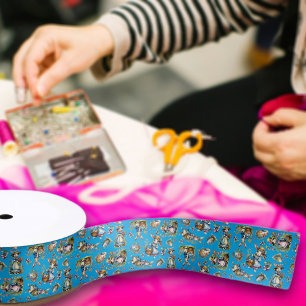 blauw Waterverf paashaas patroon Satijnen Lint