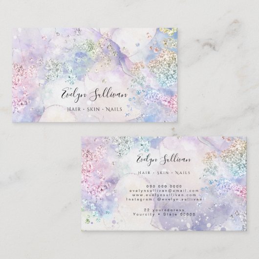 Blauw waterverf pastel glitter visitekaartje (Voorkant / Achterkant)