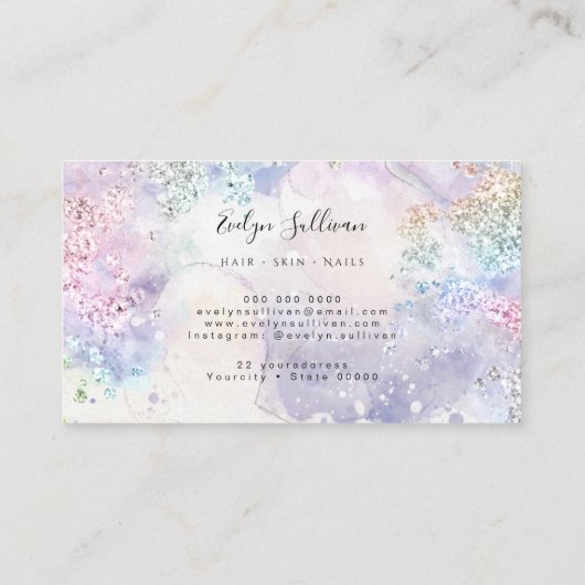 Blauw waterverf pastel glitter visitekaartje (Achterkant)