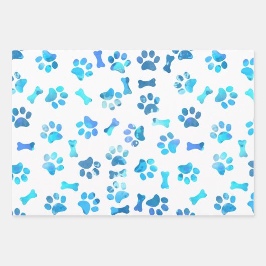 Blauw Waterverf Paw Prints Verjaardags Verpakkings Inpakpapier Vel (Voorkant)