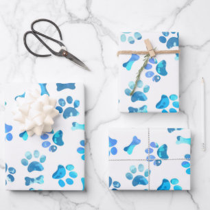 Blauw Waterverf Paw Prints Verjaardags Verpakkings Inpakpapier Vel