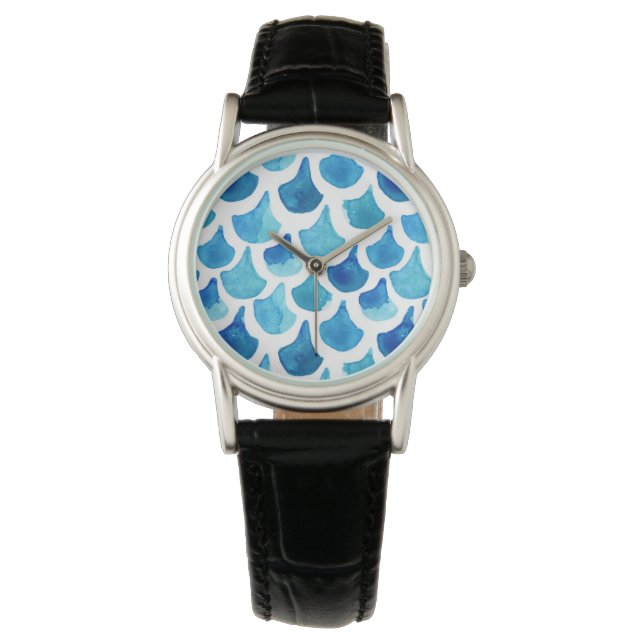 Blauw Waterverf - Schaalpatroon Horloge (Voorkant)