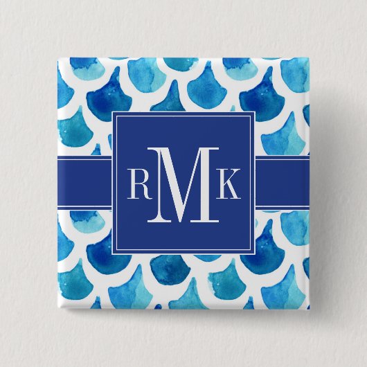 Blauw Waterverf - Schaalpatroon Vierkante Button 5,1 Cm (Voorkant)