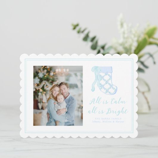 Blauw Waterverf Strikken Voorraad Sokken Preppy Feestdagenkaart (Staand voorkant)