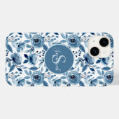 Blauw Waterverf ventilatorpatroon met monogram Case-Mate iPhone Case (Achterkant (horizontaal))
