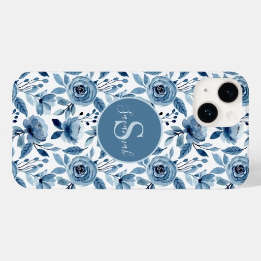 Blauw Waterverf ventilatorpatroon met monogram Case-Mate iPhone Case (Achterkant (horizontaal))
