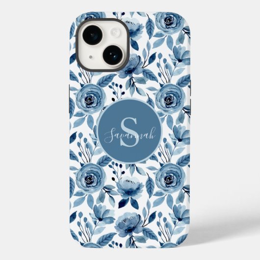 Blauw Waterverf ventilatorpatroon met monogram Case-Mate iPhone Case (Achterkant)