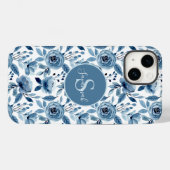 Blauw Waterverf ventilatorpatroon met monogram Case-Mate iPhone Case (Achterkant (horizontaal))