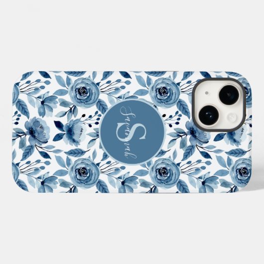 Blauw Waterverf ventilatorpatroon met monogram Case-Mate iPhone Case (Achterkant (horizontaal))