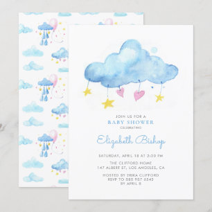 Blauw Waterverf Wolk Genderneutraal Baby shower Kaart