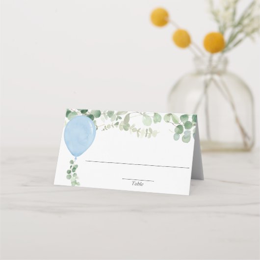 Blauw waterverfballon eucalyptus groen label plaatskaartje (Voorkant)