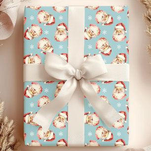 Blauw Waterverfgezicht van Vintage Kerstman Cadeaupapier